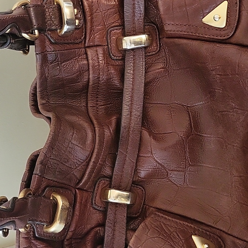 B. Makowsky Brown Mahogany Leather Belted Shoulder Satchel Bag - Picture 8 of 12